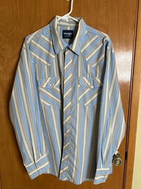 Wrangler Shirt Mens XL Pearl Snap Blue/Cream Striped Cowboy Rodeo Long Sleeve